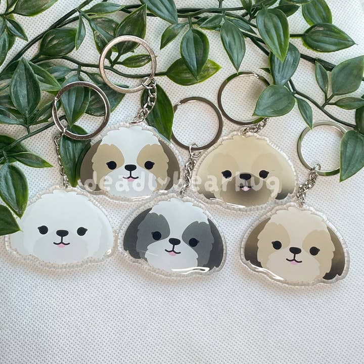 Shih Tzu Dog Double-Sided Epoxy Acrylic Keychain / Black Brown White Brindle Tan for wholesale by deadlybearhug