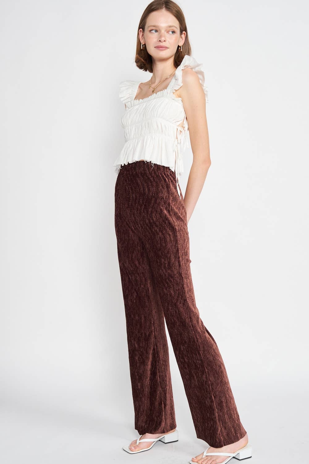 OFF WHITE SQUARE NECK GATHERED TOP WITH RUFFLE DETAIL for wholesale on Faire1