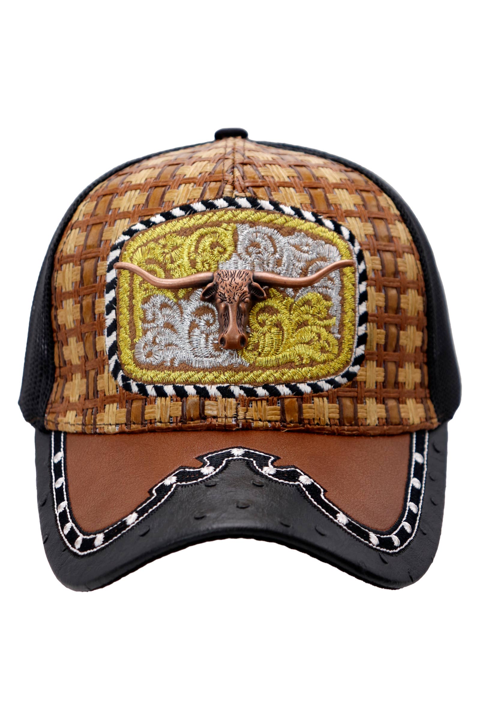 Cap Zone – Engroshandel Trucker hat - Unisex – Bronzed Emblem Vegansk Læder Strå Mesh Charro Kasket11