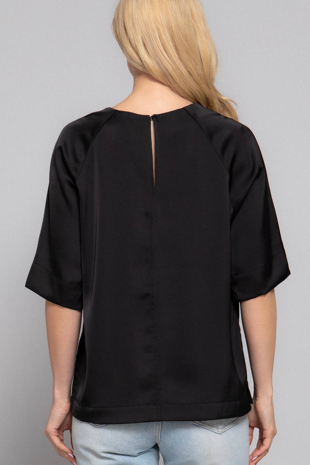 Active Basic | Active USA - Wholesale Blouse - Women's - Raglan Elbow Sleeve Side Slit Back Closure Satin Blouse2