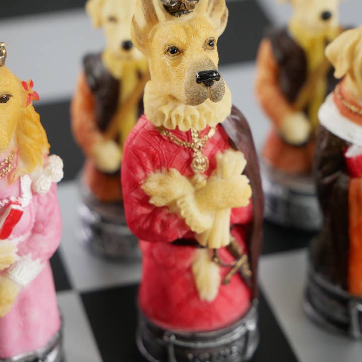 WorldWise Imports - Wholesale Board Game - Chess Set - Cats & Dogs Resin Men on Cherry Stained Chest