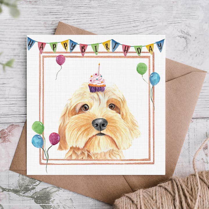Gold Cockapoo Birthday Card 2 for wholesale by Cloud Jellybean Art