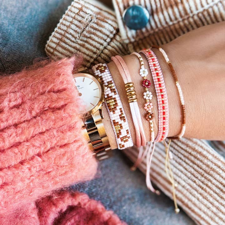 Bazou – wholesale Woven/braided bracelet – Weaving bracelet with leopard print - cognac/peach