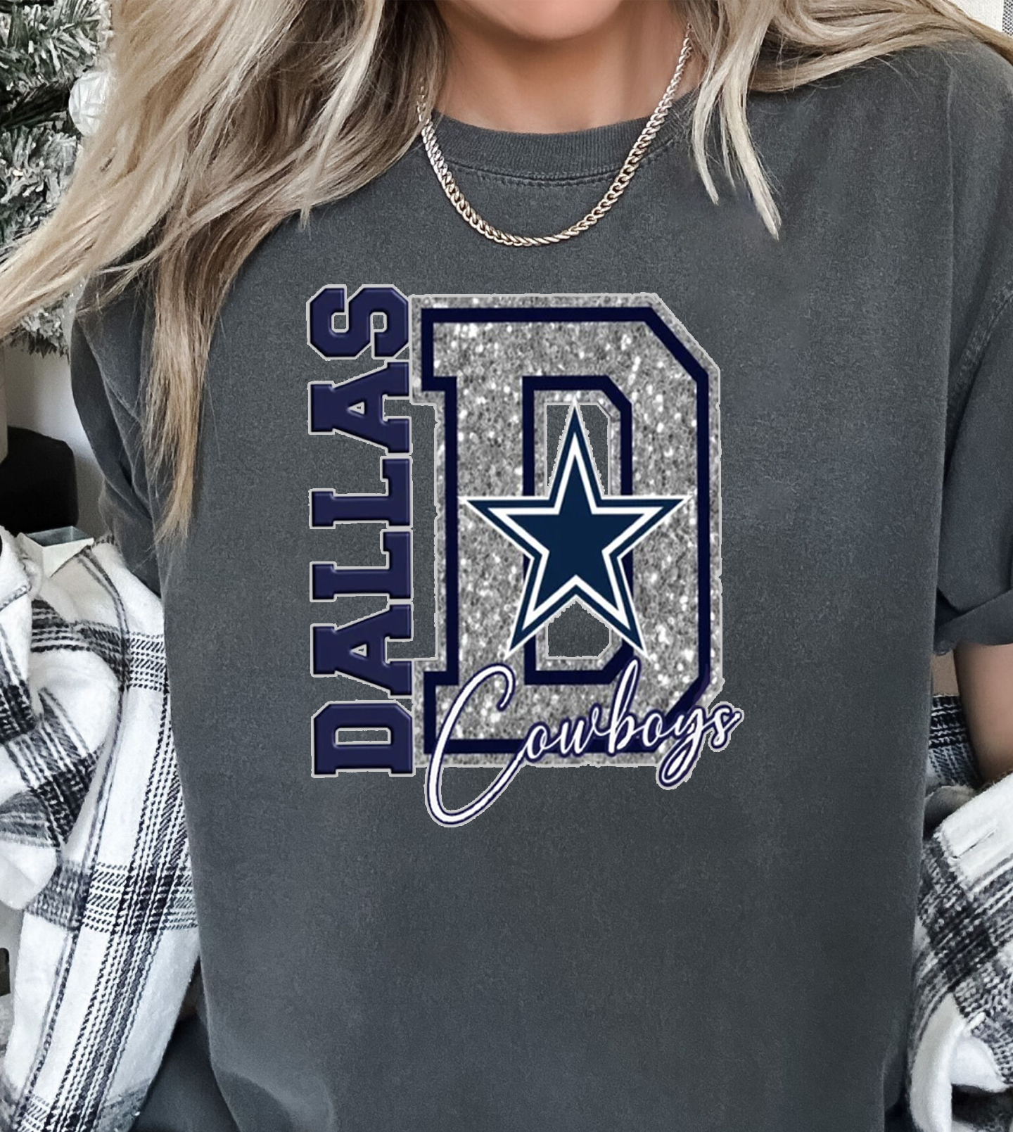 A Blessed Texas Mess Boutique - Wholesale T-Shirt (Graphic) - Women's - Cowboys Football Spirit Wear Faux Glitter America Team4