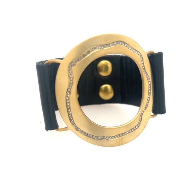 Open Circle w Crystal Crack Leather Bracelet in Gold Finish for wholesale by Rebel Designs Accessories