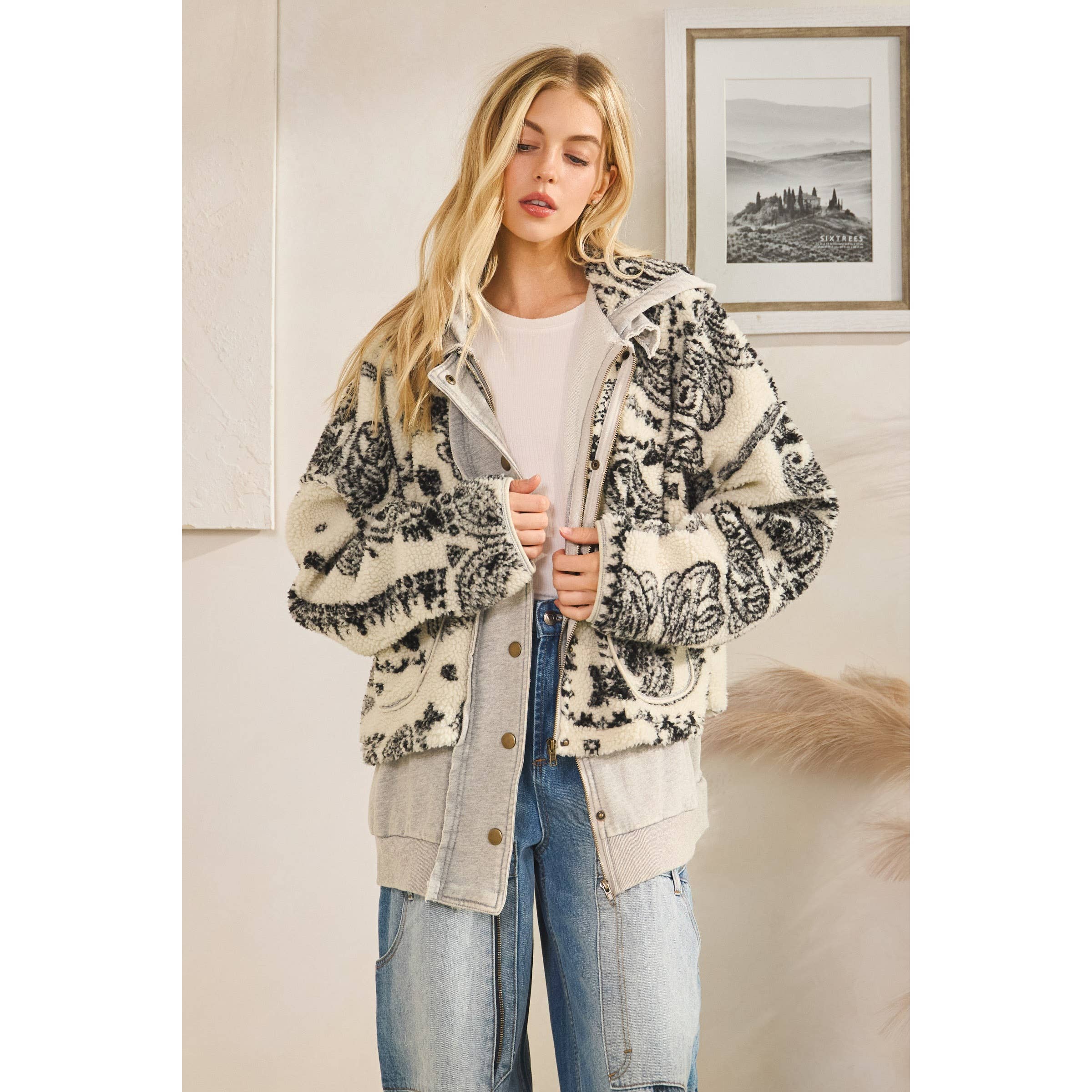 GREY CREAM TERRY FLEECE MIX ZIP FRONT JACKET for wholesale on Faire3