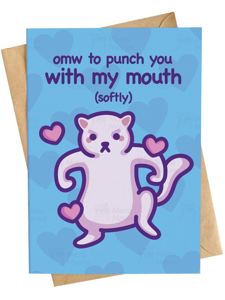 Okw to Kiss You | Tarjeta de aniversario divertida con forma de gato para venta al por mayor de Mona Mauve • Silly Art!
