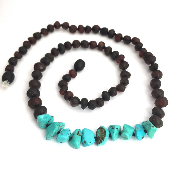 Amber & Gemstone Necklaces - Adult - Raw Cherry & Turquoise for wholesale by Momma Goose Products, Ltd.