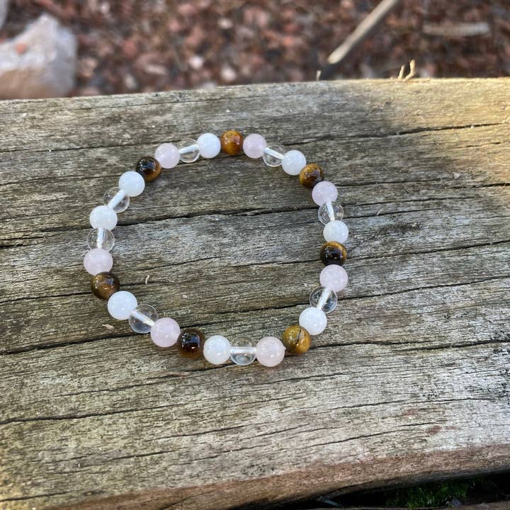 „Fire beskyttelser“ elastisk litoterapi armbånd Tiger Eye, rosenkvarts, månesten og bjergkrystal for engroshandel hos Boutique Bohème