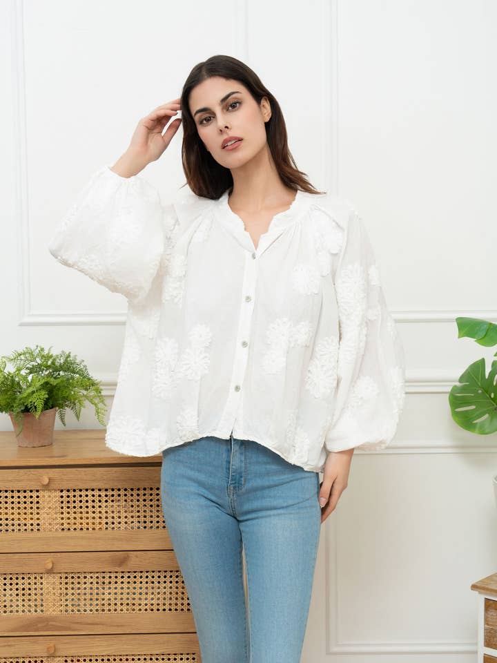 Cotton blouse with puff sleeves and 3D embroidery for wholesale by Happy look