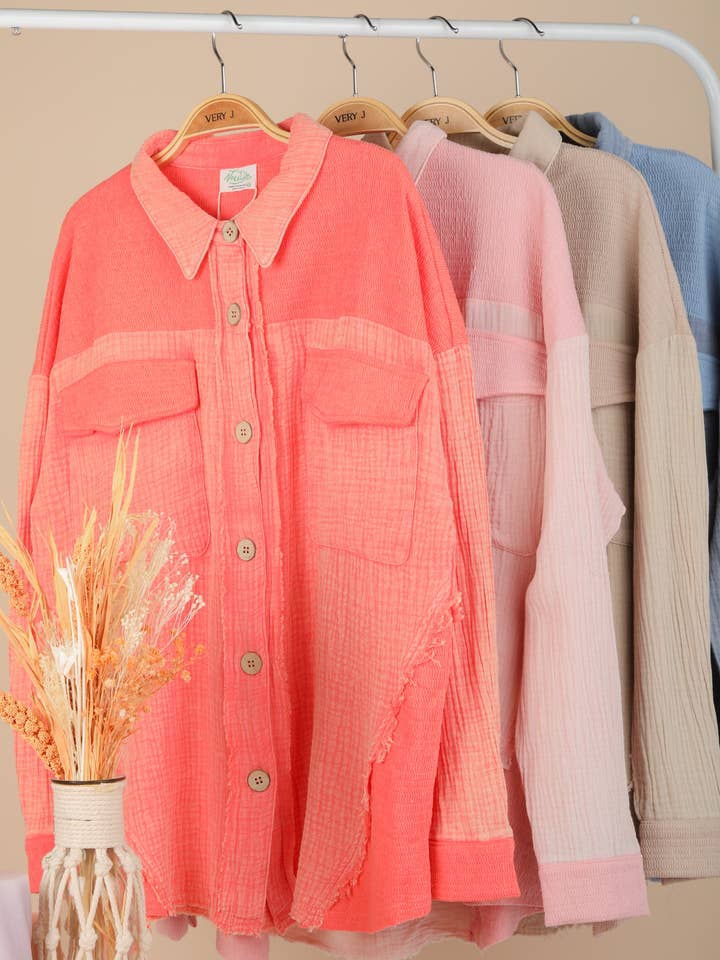 VERY J - Wholesale Jacket - Women's - NJ90360-Mineral Washed Oversized Gauze Shacket Jacket1