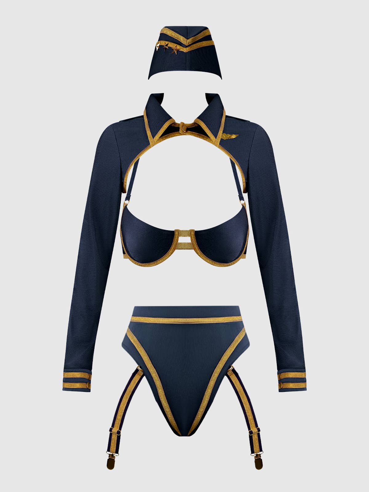 Navy Gold FLYING HIGH PILOT BRA TOP, HIWAIST PANTY & HAT SET for wholesale on Faire7