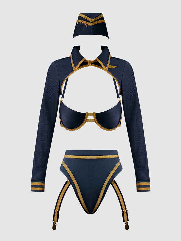 Navy Gold FLYING HIGH PILOT BRA TOP, HIWAIST PANTY & HAT SET for wholesale on Faire7