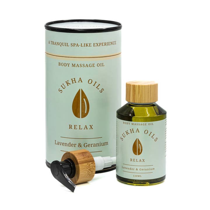 Olio da massaggio per il corpo, Relax, 120 ml, confezione da 9, lavanda e geranio per la vendita all'ingrosso da parte di Sukha Oils Ltd