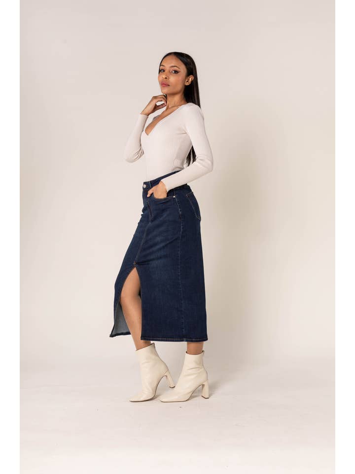 Nina Carter - Wholesale Skirt - Women's - Nina Carter denim jean long skirt with front split front P2156