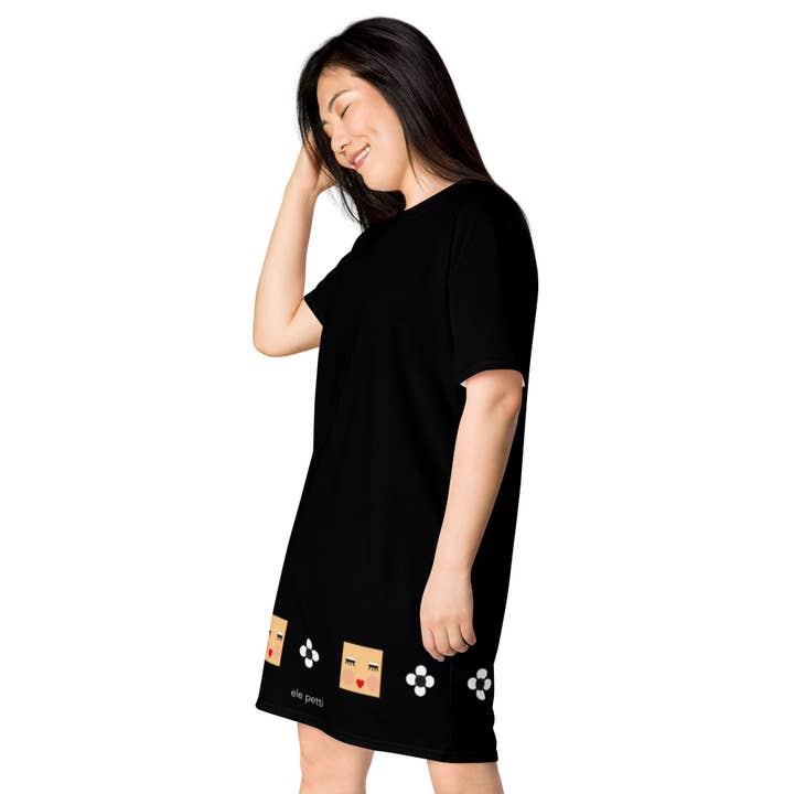 Schwarzes Kleid mit Squeaky Face-Motiv am Saum für den Großhandel von Ele Petti
