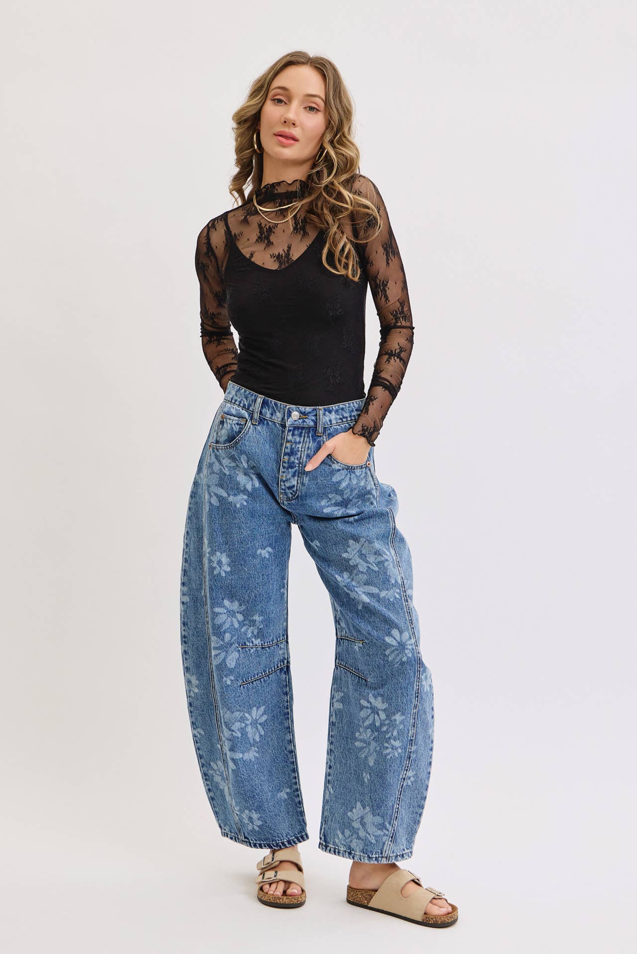 FLORAL PRINT DENIM BARREL JEANS for wholesale on Faire27