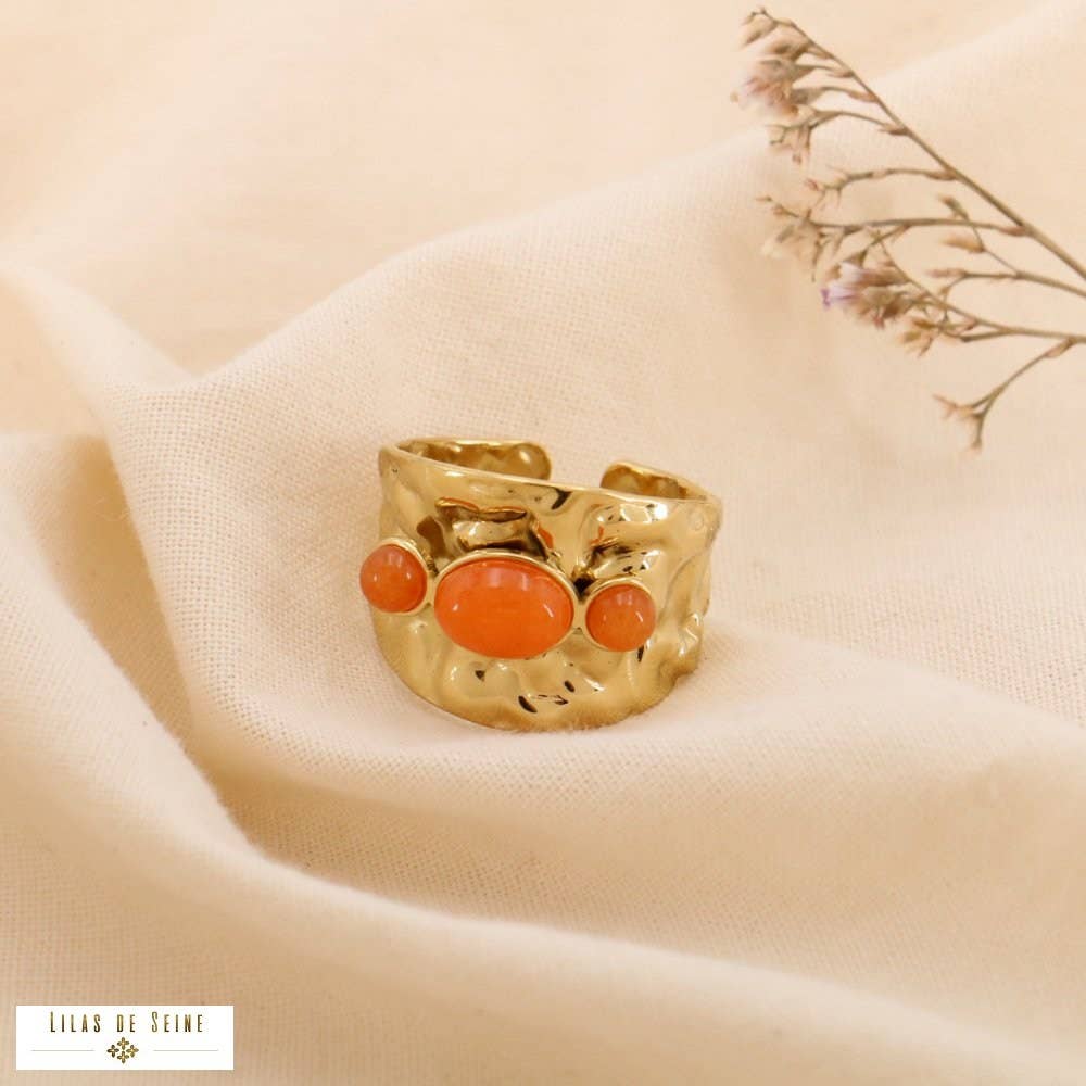 Lilas de Seine - Wholesale Multi-Stone Ring - Adjustable hammered steel ring with mother-of-pearl stone cabochons 04250364