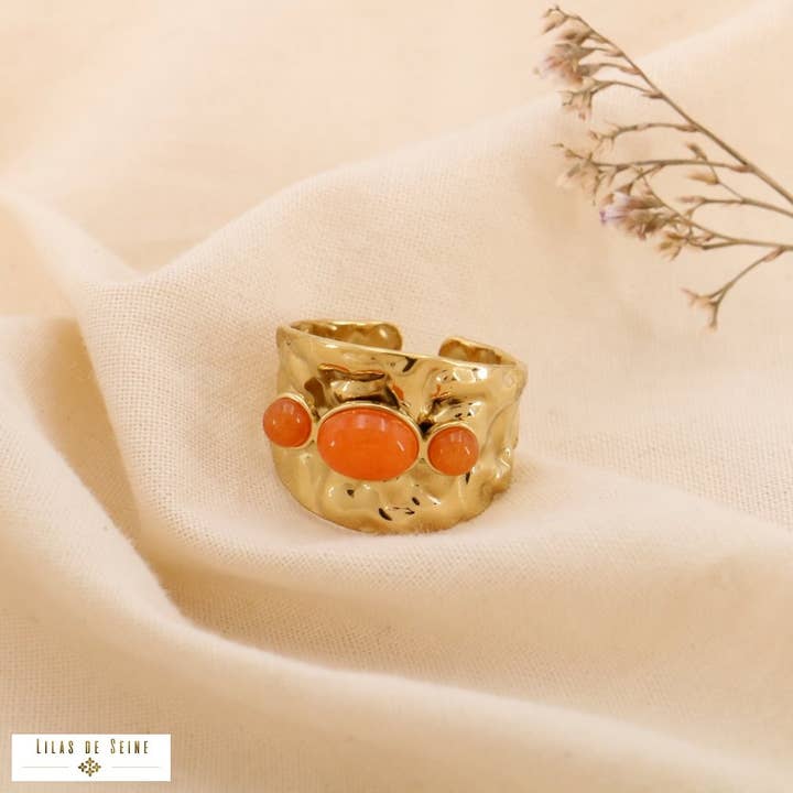 Lilas de Seine - Wholesale Multi-Stone Ring - Adjustable hammered steel ring with mother-of-pearl stone cabochons 04250364