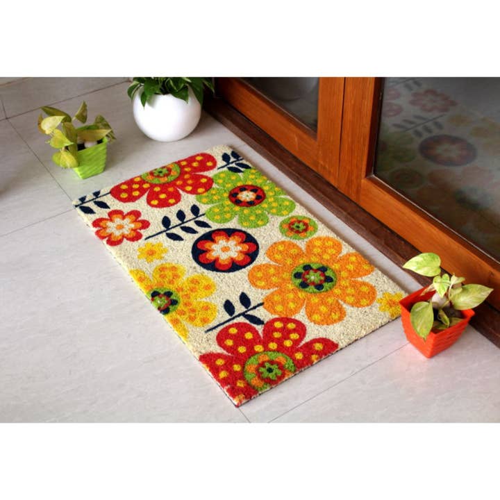 RugSmith - Wholesale Door Mat - RugSmith Bleach Tufted Folk Flowers Coir Doormat, 18" x 30"1