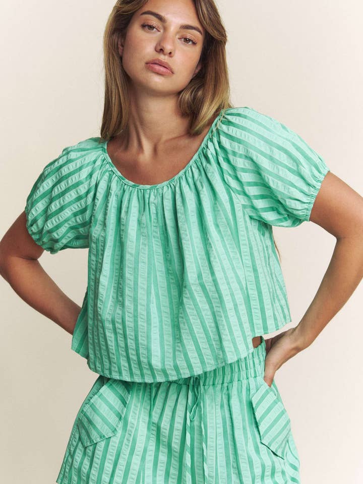 GREEN STRIPED ROUND NECK AND MATCHING SHORTS SET for wholesale on Faire