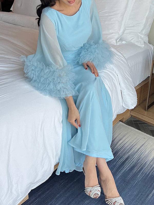 Plush Looks – wholesale Dress – Women's – Pleated Tie-Waist Flared Sleeve Maxi Dress9