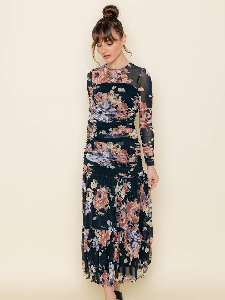 BLACK MULTI FLORAL MESH SIDE SEAM GATHERED MAXI DRESS-DC8836FO for wholesale on Faire