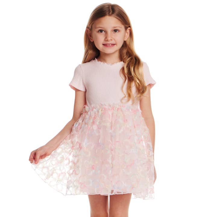 Kids (2-6x) Rib Knit Dress with 3D Floral Tulle Skirt | Light Pink for wholesale on Faire