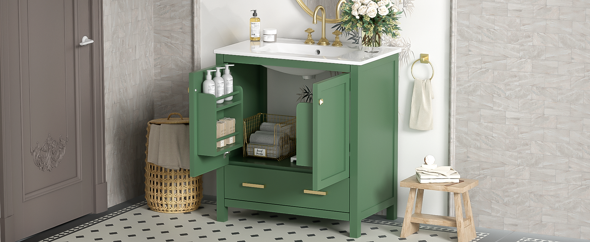 Orange County Decor - Wholesale Cabinet - 30 Inch Green Bathroom Vanity With Single Sink, Combination Under Counter Sink, Bathroom Storage Cabinet With 2 Doors And A Drawer, Soft Closure, Multifunctional Storage Wf324043 Green Bathroom25