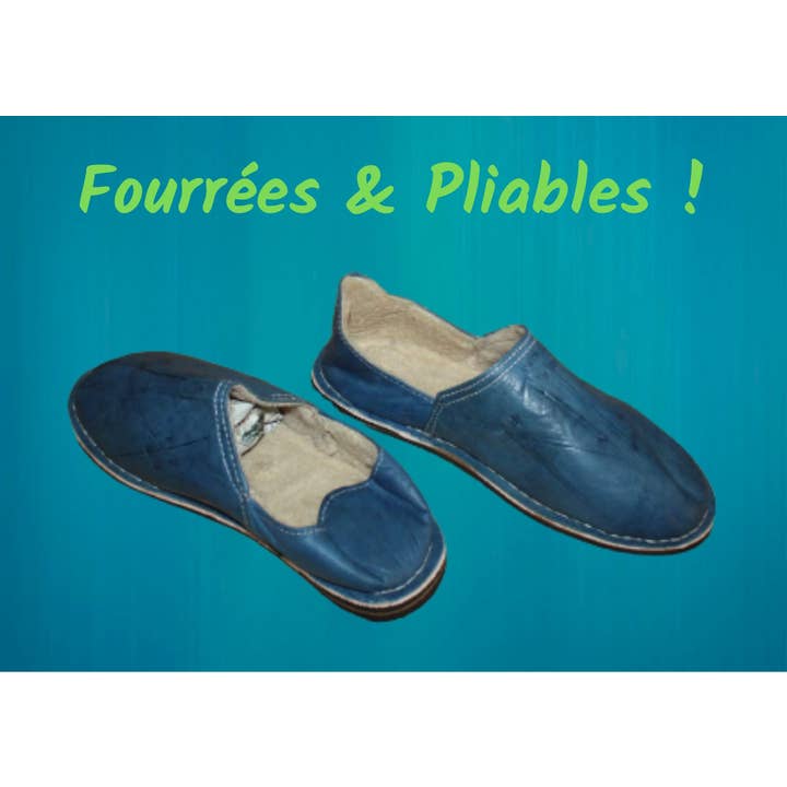 PANTOFFELS MET BLAUWE VOERING - Fleece en leer - Warmte en comfort - 100% handgemaakt - Man/Vrouw - Van 38 tot 45 - voor wholesale door Boutique Huléti