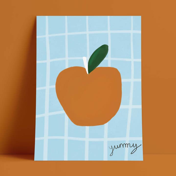 Yummy Apple Print - Impresión artística azul y marrón para venta al por mayor de Orla and the Gang