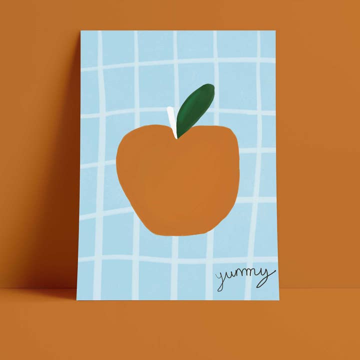 Yummy Apple Print - Impression artistique bleue et brune pour la vente par Orla and the Gang