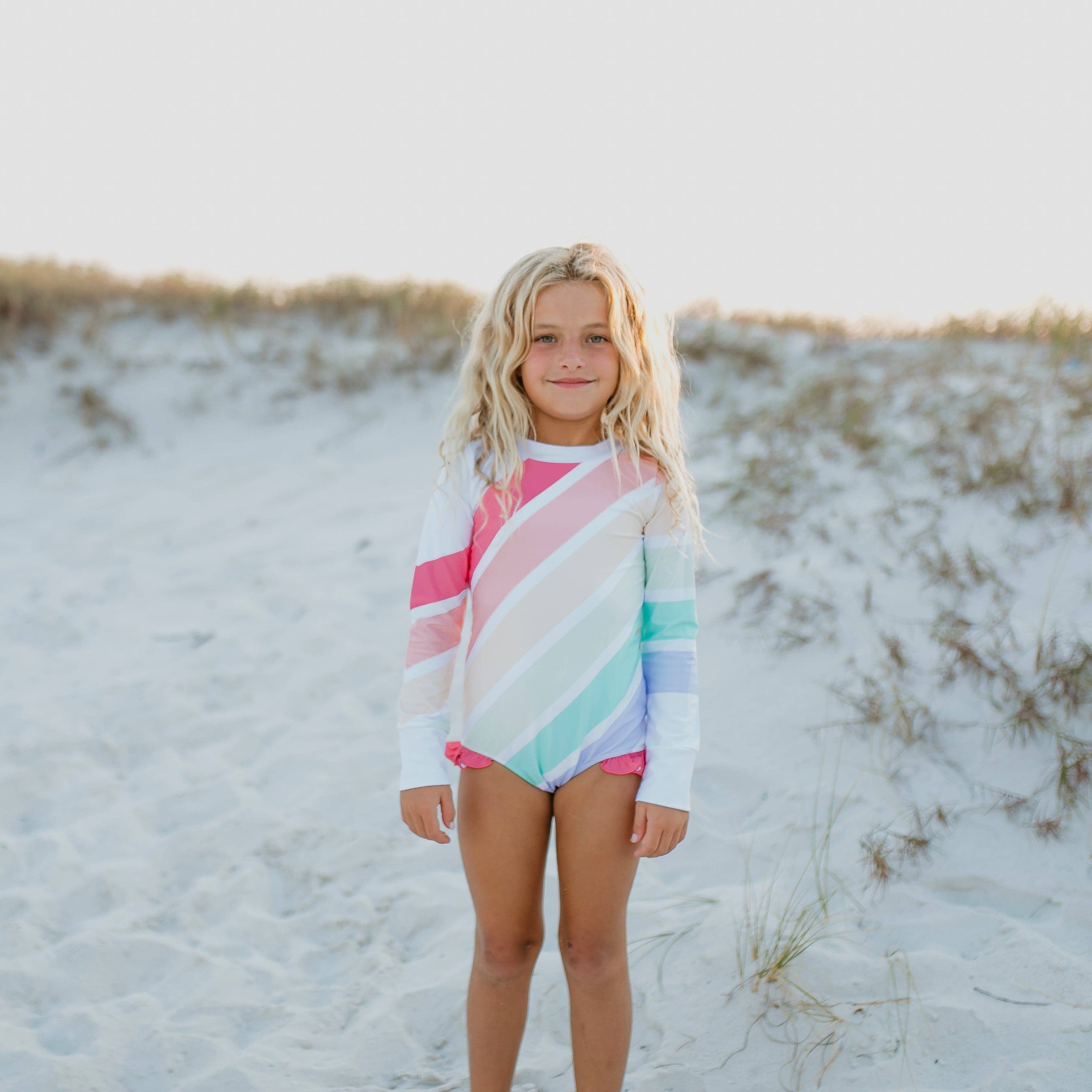 Oopsie Daisy - Wholesale One Piece Swimsuit - Kids - Kids Pastel Rainbow Stripe Zip Rash Guard One Piece Swimsuit1