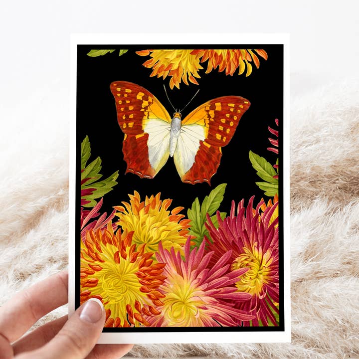 Wenskaart. Mooie bloemen met vlinder. voor wholesale door Cheerful Whimsies