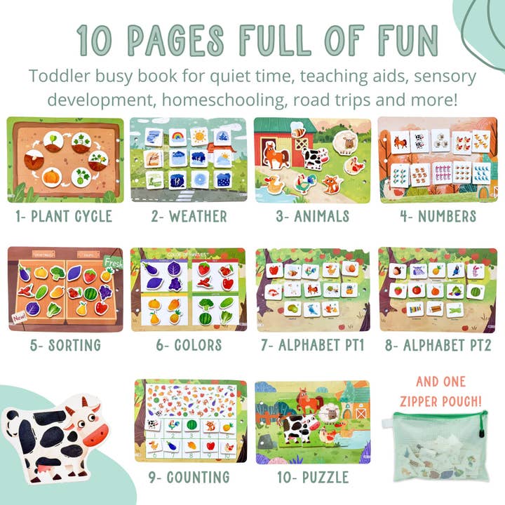 Spirit 'N Sprout - Wholesale Colouring and activity book – kids and baby - Farm Busy Book for Toddlers - Preassembled with Zipper Pouch - Velcro Matching Activity Book2
