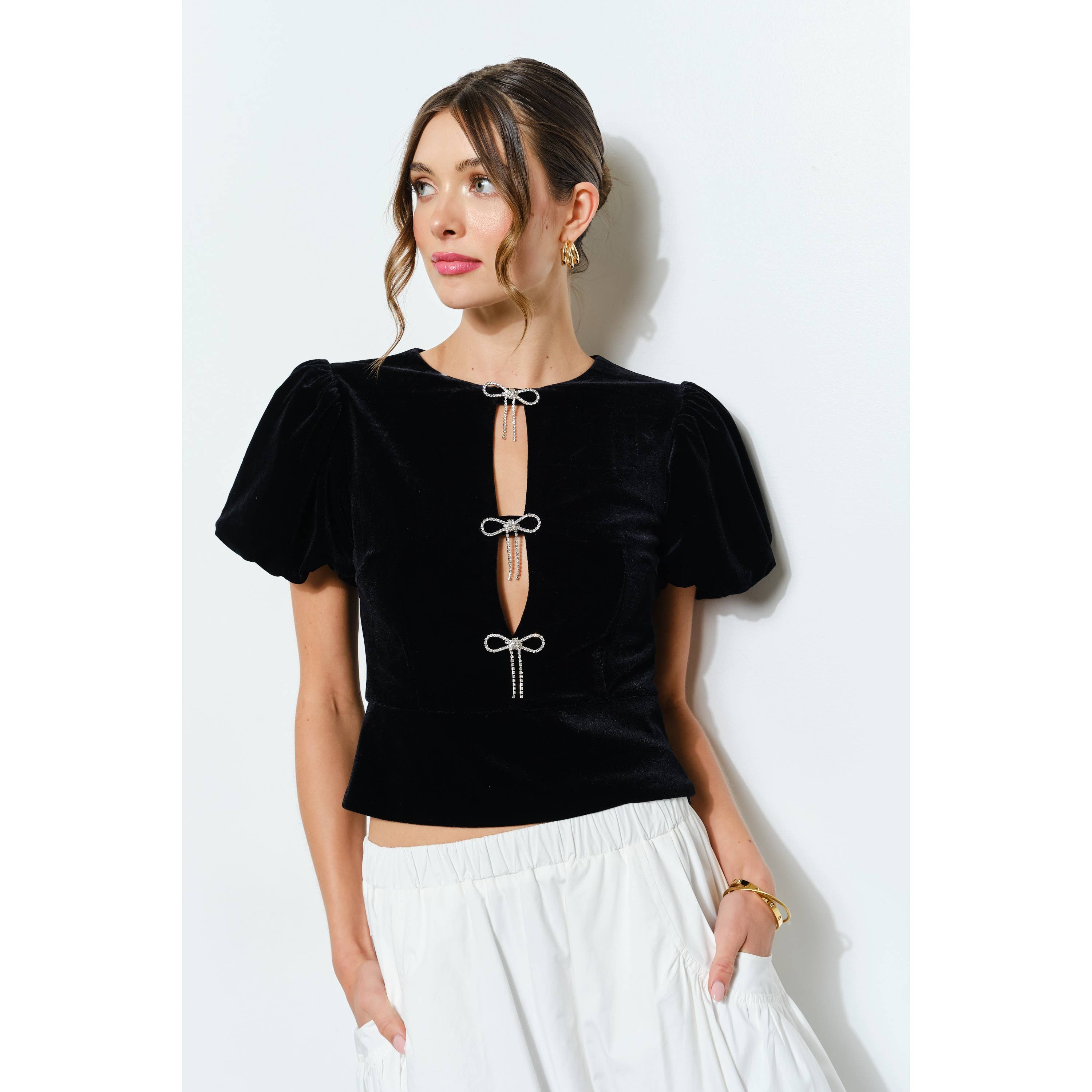 INA - Wholesale Blouse - Women's - Rhinestone Bow Cutout Velvet Puff Sleeve Top11