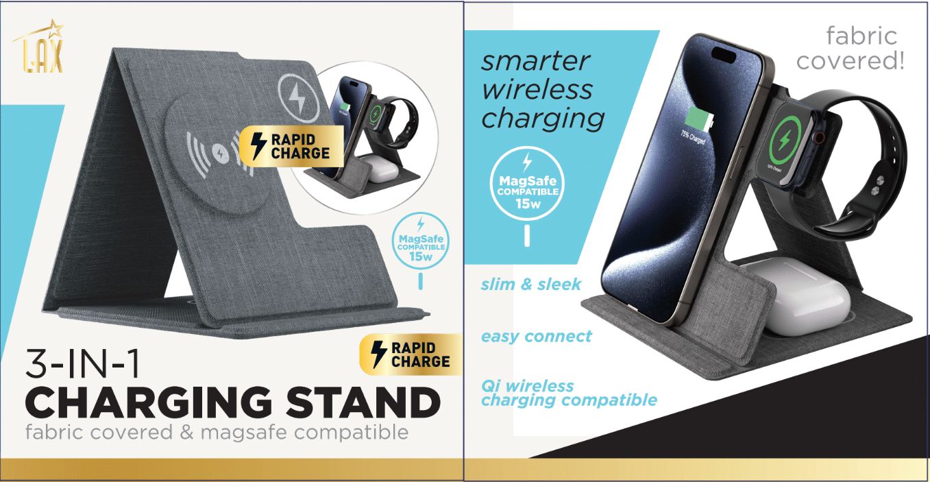 LAX Gadgets – wholesale Charging dock – MagSafe 3in1 Fabric Charging Stand, Travel Ready Retail Pack4