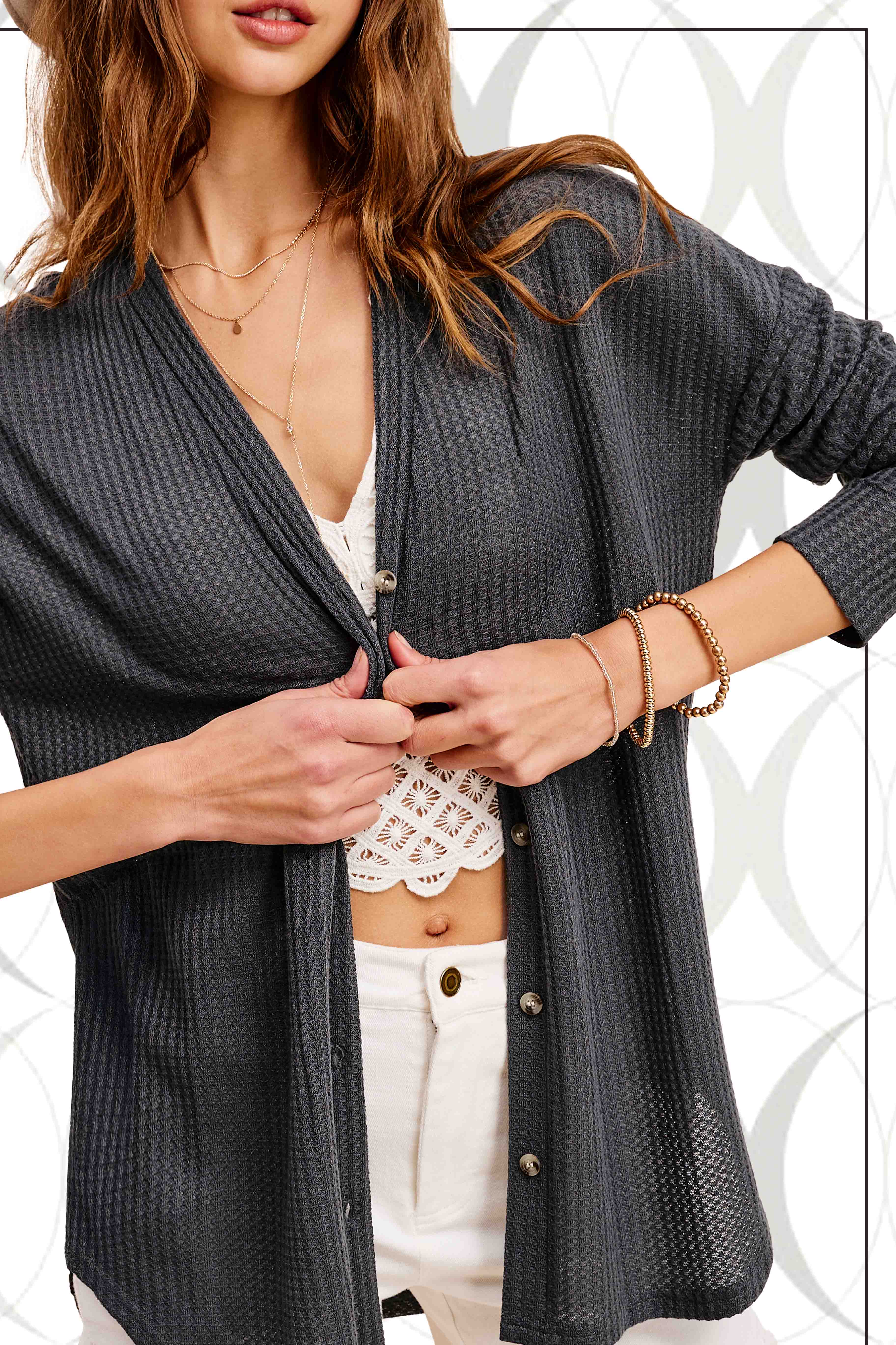 La Miel - Wholesale Cardigan - Women's - HBC2175-Soft Waffle Fabric Button Down Long Sleeve Cardigan12