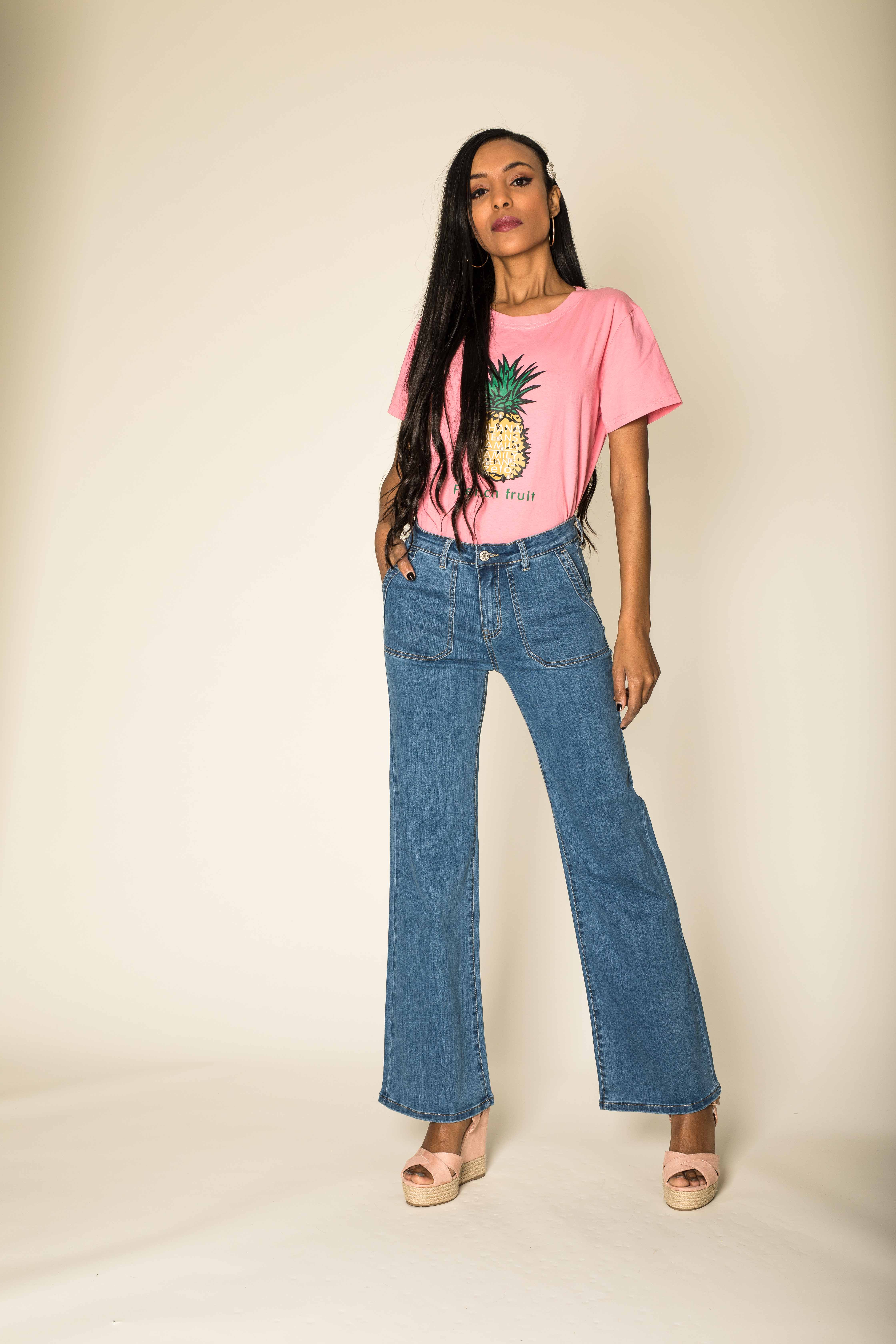 Nina Carter - Vendita all'ingrosso Jeans - Donna - Jeans svasati elasticizzati a vita alta larghi P12324