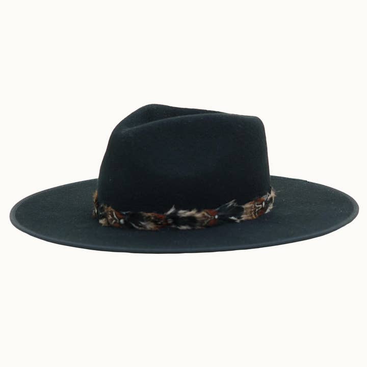 Olive & Pique - Wholesale Fedora - Women's - Feather Boho Trim 100% Wool Felt Rancher Hat, Black