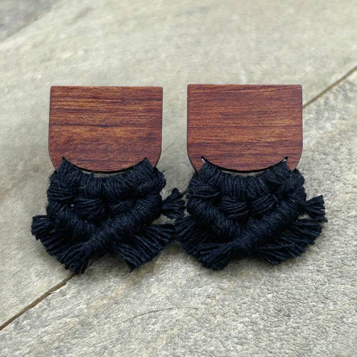Minimalist Macrame Stud Earrings - Black for wholesale by HK Macrame Jewelry