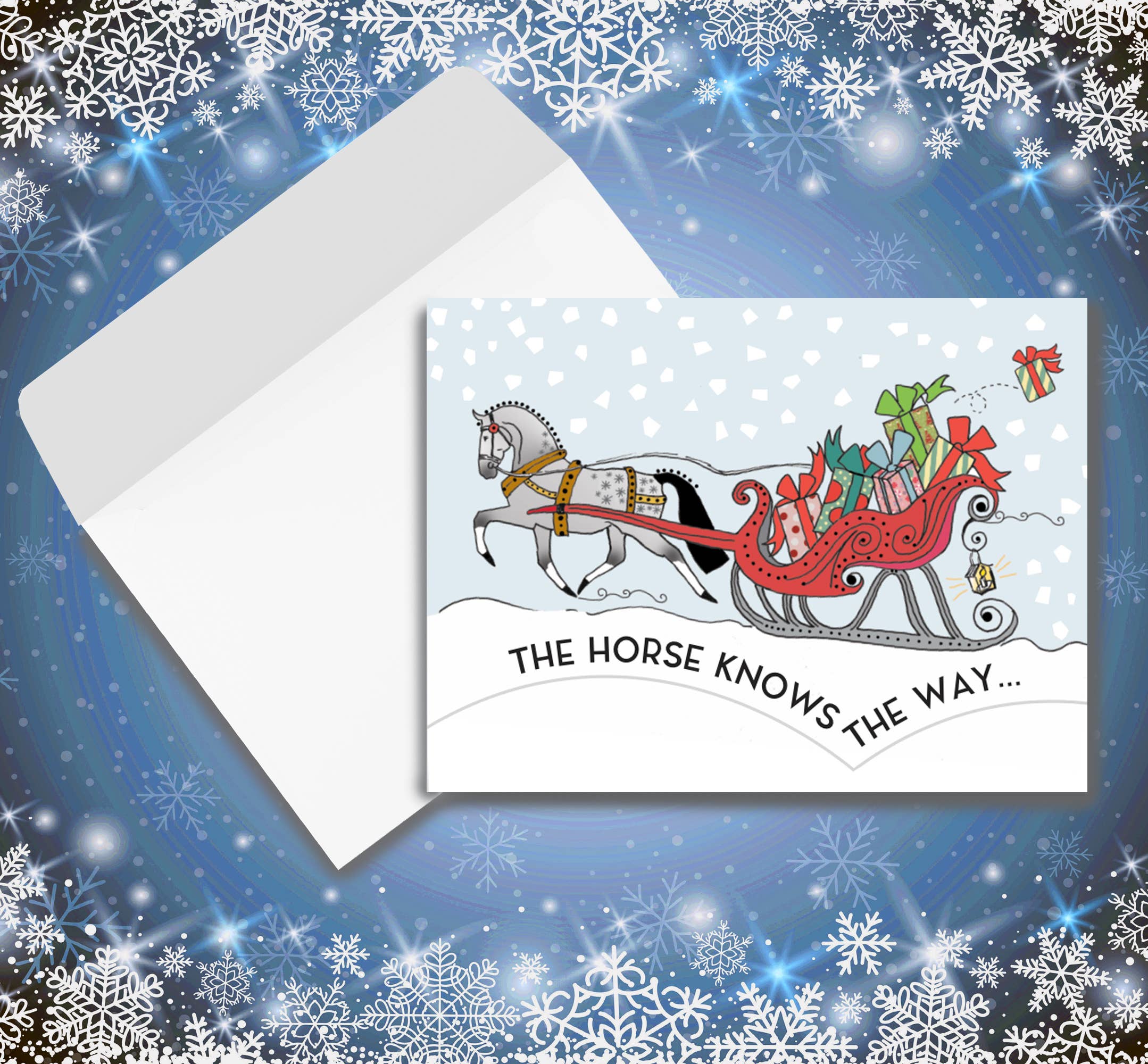 Horse Hollow Press / Pretty Funny Snarky Cards/Stickers - Wholesale Christmas Card - Horse Boxed Christmas Cards / Sleigh & Package / 8 Holiday 
9