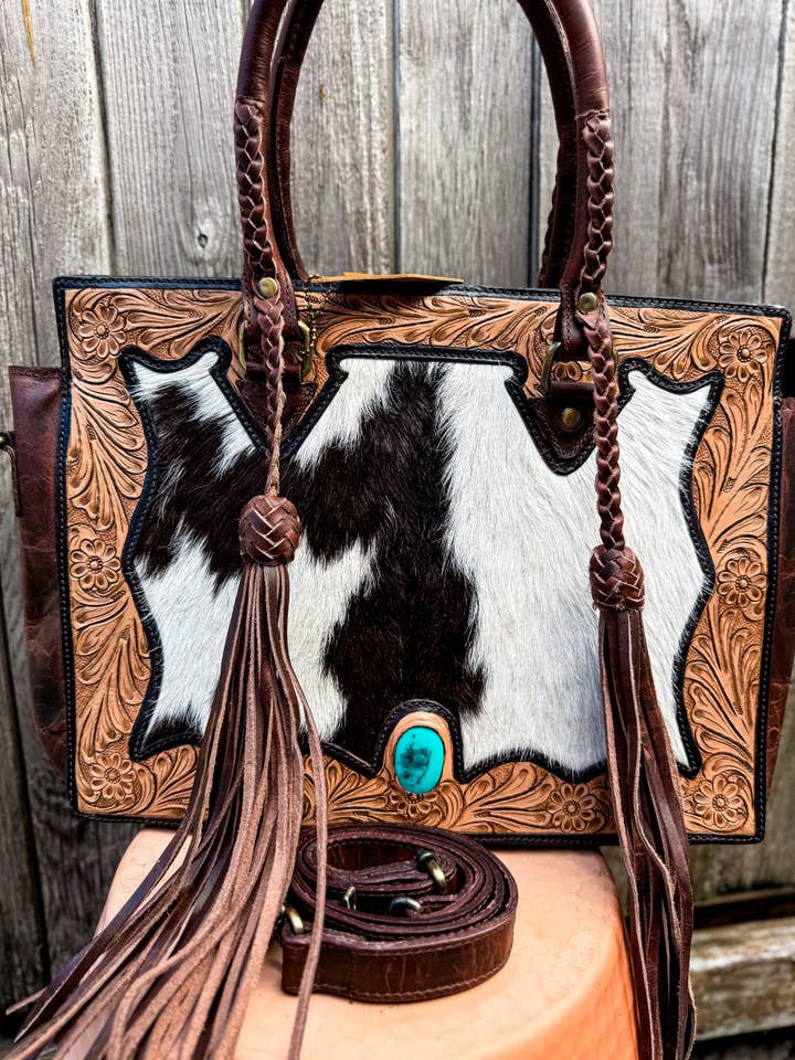 Get to Work Bag | Cowboy brown Concealed Carry Leather and Cowhide braided fringe tote for wholesale by East Coast Carry