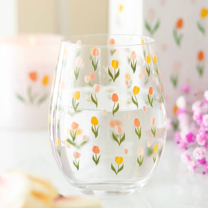 Tulip Print Stemless Glass for wholesale by Nibble Distributors Ltd