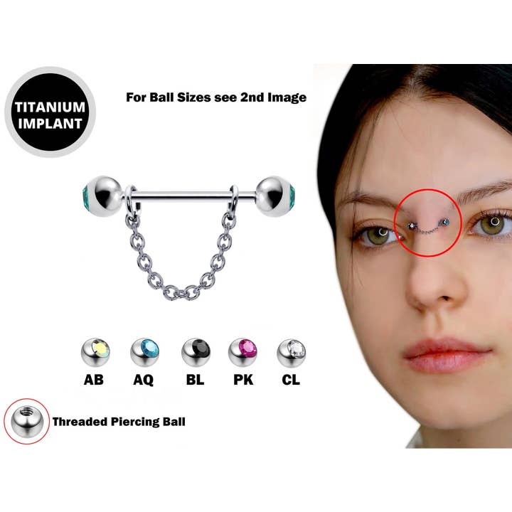 Titânio - Piercing de Ponte com Corrente para Barra 14G, 16G e Bolas com Gemas por atacado de Bodytrend