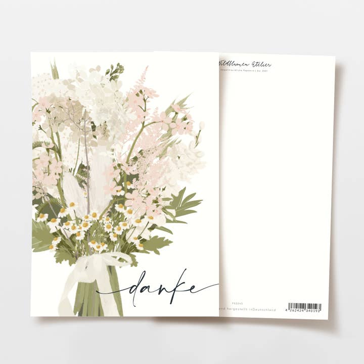 Postkarte Danke Wildblumenstrauß Rosa/Weiß, FSC zertifiziert für den Großhandel von Wildblumen Atelier