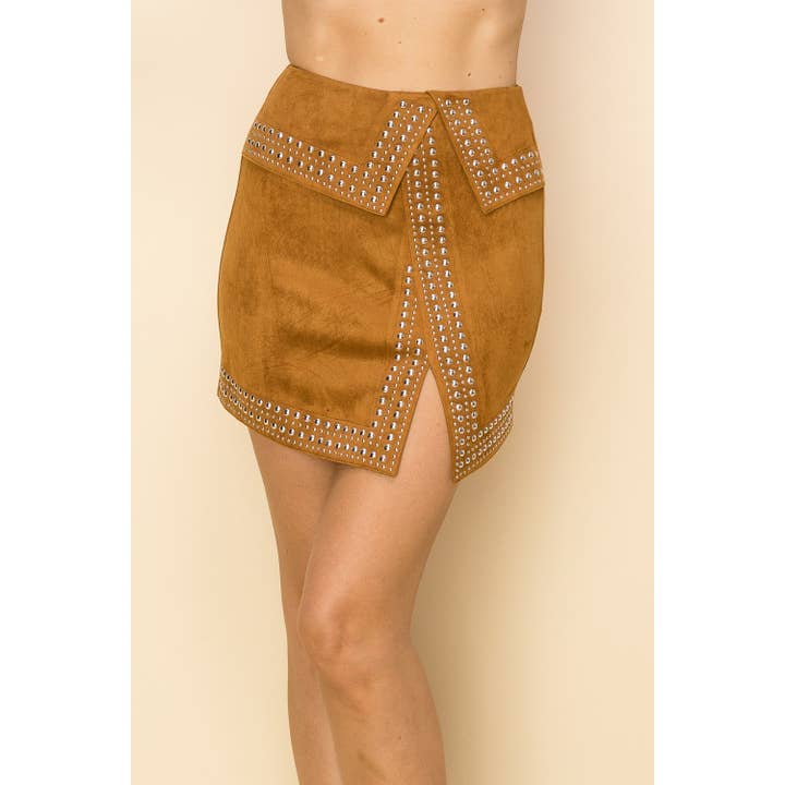 JUPE EN DAIM ORNÉE D'UN EMPIÈCEMENT À LA TAILLE pour la vente par VOCAL