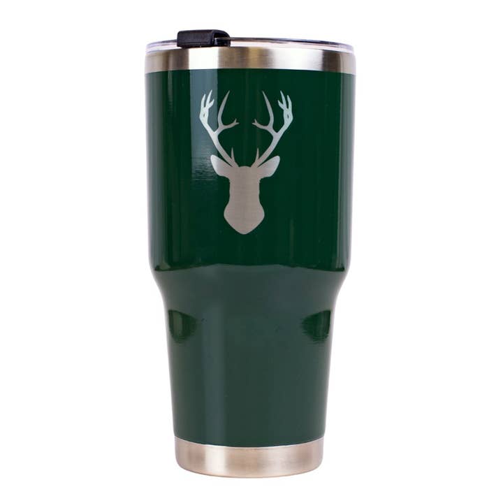 The Royal Standard - Wholesale Insulated Mug/Tumbler - Deer Etched Tumbler Dark Green/Silver 30oz.