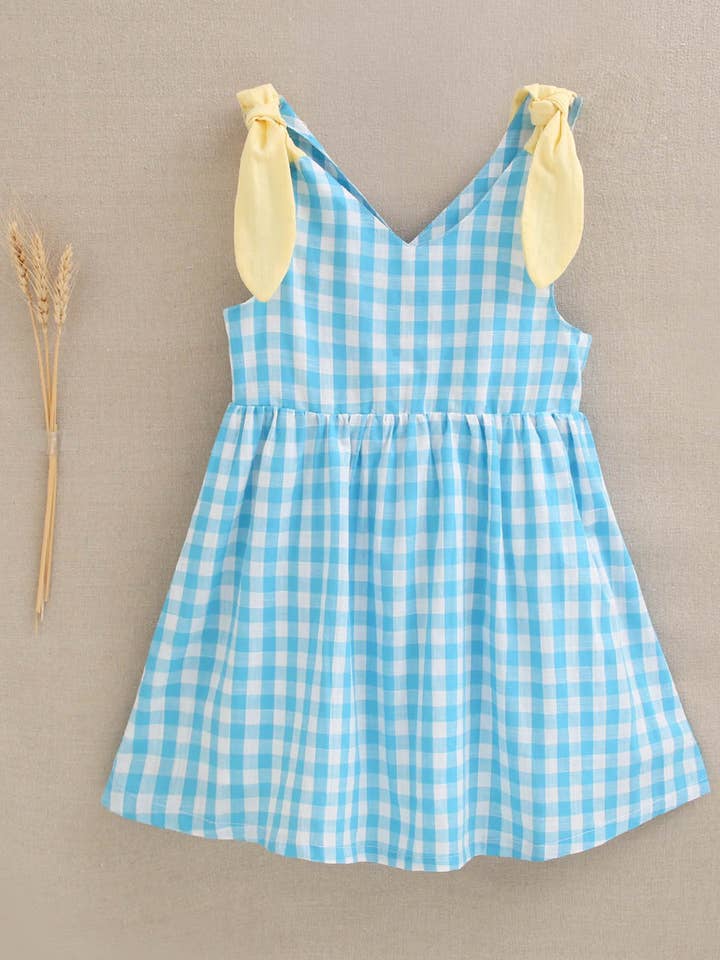 Mädchenkleid aus türkisfarbenem Vichy-Karo mit gelben Schleifen für den Großhandel von Dadati