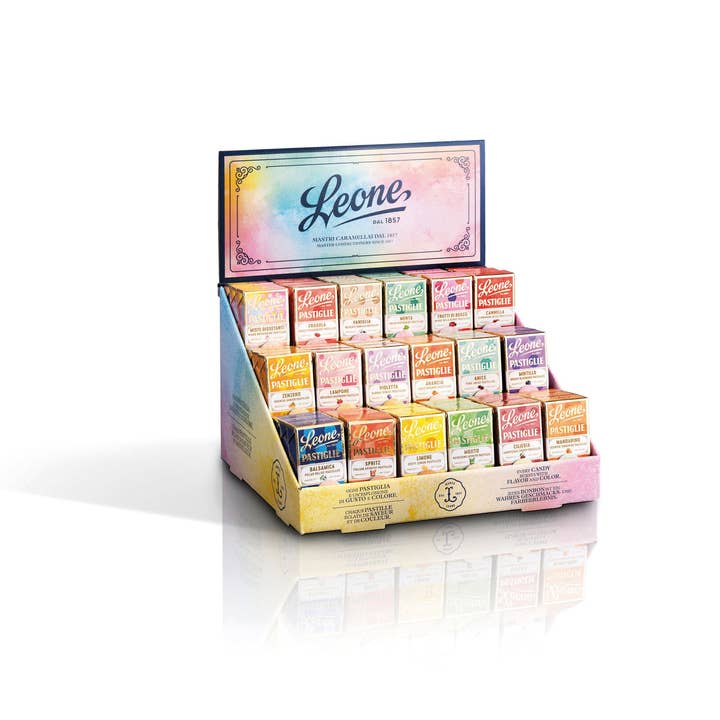 Expo 54 scatolette Pastiglie - caramelle miste Leone per la vendita all'ingrosso da parte di Pastiglie Leone srl